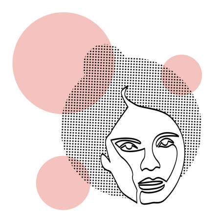 Abstract portrait of a woman with her hair tied on top of her head and pink circlesのイラスト素材