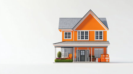 Front view of a lively orange two-story home featuring a grey roof, large front porch, white-trimmed windows, garden landscaping, and outdoor seating, presented against a clean white background.の素材