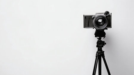 A classic vintage camera mounted on a sturdy tripod, set against a clean white backdrop, emphasizing its timeless design and professional appeal.の素材