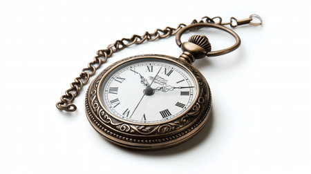 A beautifully crafted vintage pocket watch with intricate engravings, a white Roman numeral dial, and an elegant chain. A perfect collectible or stylish accessory.の素材