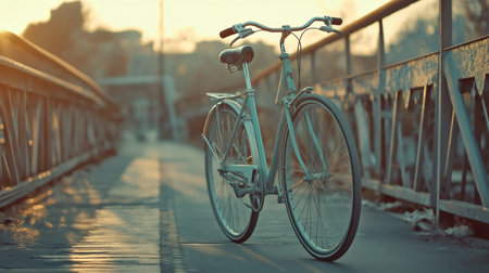 A classic vintage bicycle parked on a bridge, bathed in the warm glow of the sunset. A nostalgic and peaceful scene, evoking a sense of adventure and tranquility.の素材