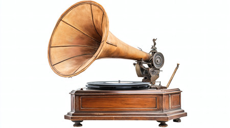 A beautifully crafted antique wooden gramophone with a large, rustic horn. This vintage masterpiece embodies timeless elegance and nostalgia, perfect for collectors and music enthusiasts alike.の素材