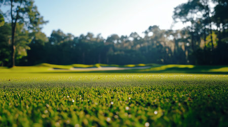 A low-angle view of a pristine golf course glistening with morning dew, surrounded by lush trees and gentle hills capturing the peaceful beauty of early play on the green.の素材
