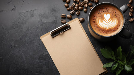 A coffee cup with a heart on top of it sits on a table next to a clipboard. The coffee cup is filled with a latte, and there are several coffee beans scattered around the tableの素材