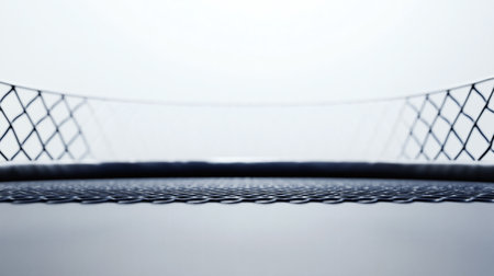 A sleek, minimalist shot of a fenced combat arena taken from ground level. The focus is on the mesh pattern, fading into a bright white background, evoking tension, symmetry, and anticipation before a match.の素材