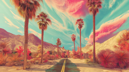 A surreal desert landscape with a vibrant and dreamy sky, featuring tall palm trees lining a winding road that leads through a colourful, picturesque valley. The combination of vivid pink clouds, bright yellow road stripes, and the arid desert terrain creates a striking, otherworldly atmosphere.の素材