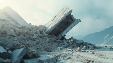 A collapsed concrete slab lies in the foreground, surrounded by piles of debris, with the rugged mountainous landscape in the background. The scene illustrates the severity of the destruction, with crushed concrete and rubble scattered across the land.の素材