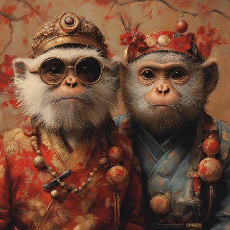 Two monkeys dressed in traditional Chinese clothing and wearing sunglasses. One of the monkeys is wearing a crownの素材