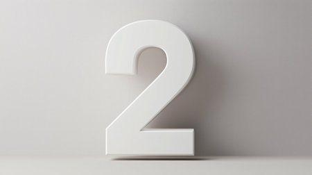 A clean and modern three-dimensional white number 2 standing against a neutral backdrop, symbolizing ranking, progress, and balance in minimalist design.の素材