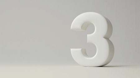 A clean and modern three-dimensional white number 3 with a smooth finish, standing against a soft, neutral background, representing creativity, structure, and balance.の素材