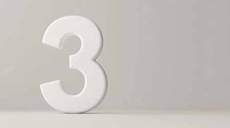 A three-dimensional white number 3 stands gracefully against a soft neutral backdrop, symbolizing balance, creativity, and structured elegance in modern design.の素材