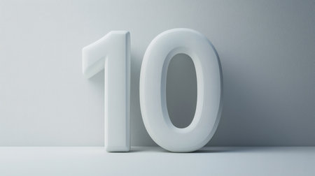A sleek and elegant 3D rendering of the number 10, featuring a white sculpted design with soft shadows and a contemporary look. Ideal for branding, graphic design, and digital art.の素材