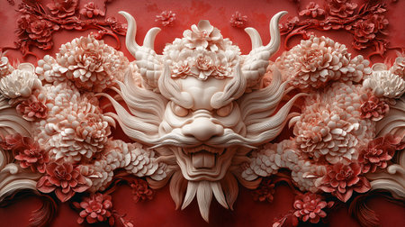 A dragon with a flowery head and horns is depicted on a red background. The dragon is surrounded by flowers, which adds a sense of beauty and elegance to the image. Scene is one of graceの素材