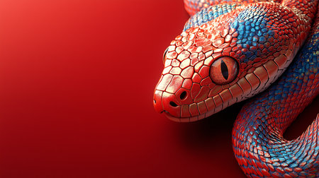 A colourful snake with a red head and blue and red body. The snake is laying on a red backgroundの素材