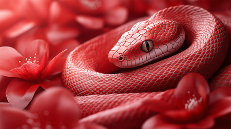 A red snake is curled up on a bed of red flowers. The snake is surrounded by the flowers, which gives the image a sense of warmth and comfort. The red colour of the snakeの素材
