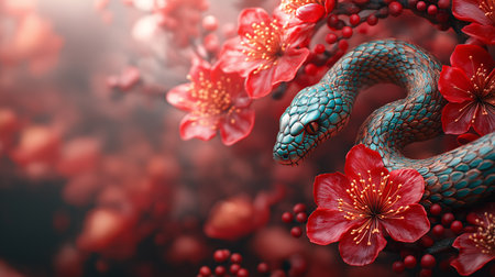 A blue snake is curled up on a bed of red flowers. The flowers are in various sizes and are scattered throughout the scene. The snake is positioned in the center of the imageの素材