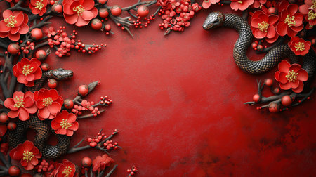 A red background with a snake and flowers. The snake is surrounded by red flowers, which gives the scene a sense of warmth and beautyの素材
