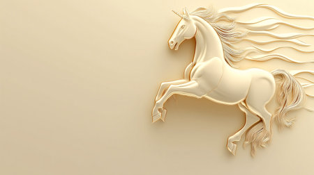 A white horse with a long mane and tail is leaping into the air. The image has a dreamy, whimsical feel to it, as if the horse is flying through a magical worldの素材