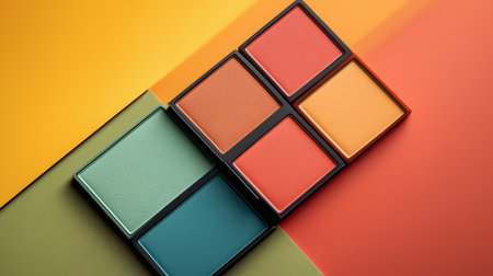 A set of four vibrant blush colors, arranged in a sleek black palette. The shades include rich coral, deep orange, soft peach, and cool green, set against contrasting colorful backgrounds for a lively and modern makeup look.の素材