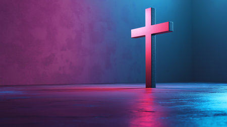 A striking visual of a cross illuminated with vibrant purple and blue lighting, casting reflections on the ground. This image conveys the themes of spirituality, faith, and divine presence in a contemporary and symbolic way.の素材