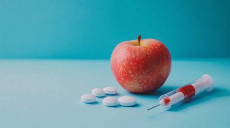 A vibrant red apple placed alongside pills and a syringe, symbolizing the intersection of health, wellness, and medical treatment. The composition suggests a balanced view of nutrition and medication, set against a calming blue backdrop.の素材