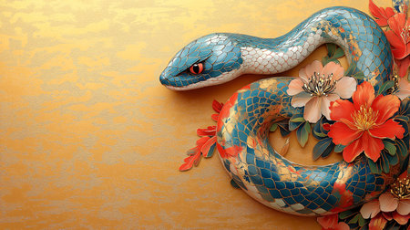 A snake with blue and white stripes is on a gold background. The snake is surrounded by a lot of glitter, giving it a shiny and eye-catching appearanceの素材