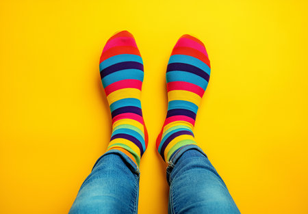Brightly coloured striped socks create a cheerful atmosphere, contrasting beautifully against a warm yellow backdrop. Perfect for adding a pop of colour to any relaxed day.の素材