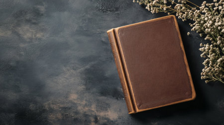 A beautifully aged, leather-bound book resting on a dark textured surface with delicate dried flowers beside it. The image evokes a sense of mystery, nostalgia, and literary charm, perfect for history and book lovers.の素材