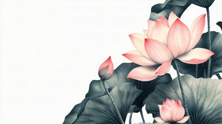 A tranquil illustration featuring pink lotus blossoms surrounded by soft green leaves. The serene composition captures the quiet beauty of the flowers, with delicate petals and gentle colors symbolizing peace and natural elegance.の素材