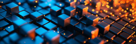 A close up of a blue and orange cube pattern. The blue and orange cubes are arranged in a way that creates a sense of depth and movement. The image conveys a feeling of energy and excitementの素材