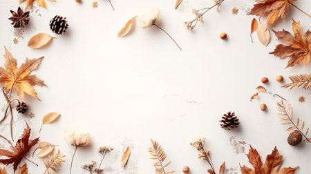 A white background with a lot of leaves and pine cones. The image has a fall theme and a natural feelの素材