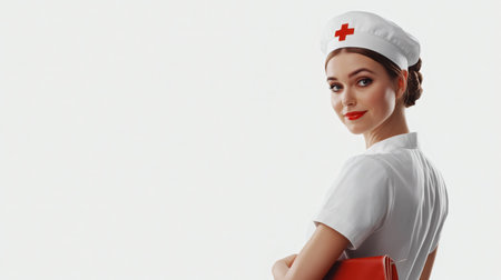 A nurse wearing a white uniform and a red cross hat, smiling while holding a red bag. Her posture and warm expression represent professionalism, compassion, and readiness to help in the healthcare field.の素材