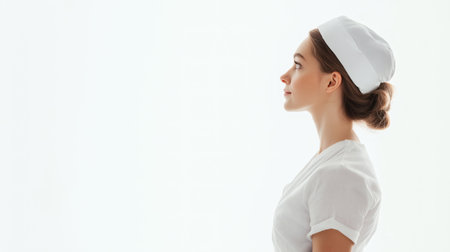 A nurse in a white uniform and headgear, captured in profile, standing in a moment of contemplation. The image reflects professionalism, focus, and dedication in the healthcare field.の素材