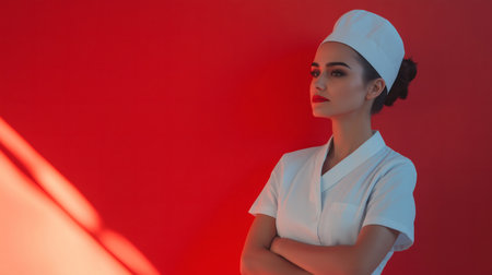 A confident nurse in a white uniform standing with arms crossed against a bold red background. Her serious expression and posture highlight professionalism and authority in the healthcare field.の素材