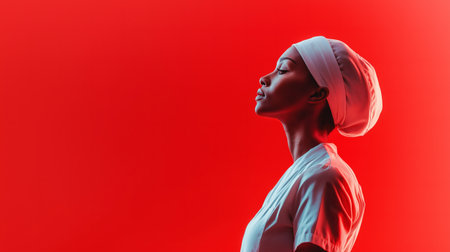A nurse in profile, wearing a white uniform and headgear, gazes upward in a moment of calm reflection against a bold red background. The image conveys tranquility, professionalism, and a deep sense of purpose in healthcare.の素材