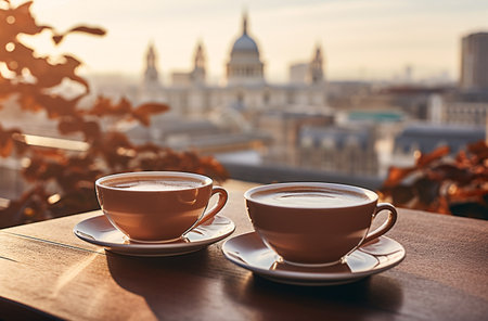 Two cups of coffee on a table with a view of a city. The cups are placed on a white plate and the table is woodenの素材