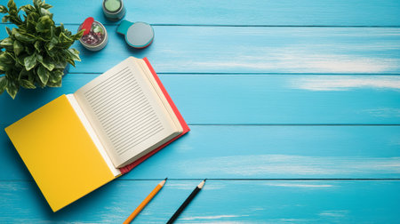 An open notebook with blank pages placed on a bright blue desk, surrounded by colourful pencils, small plant, and stationery items. The vibrant colours and clean layout create an inviting workspace for creativity and writing.の素材