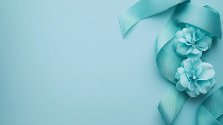 A soft blue ribbon gracefully arranged with two delicate flowers on a serene light blue background. The minimalist design conveys tranquility, elegance, and a peaceful atmosphere, perfect for a calming decorative theme.の素材