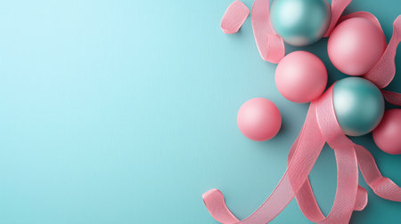 A playful arrangement of pink and blue ornaments surrounded by soft pink ribbons, set against a calming teal background. The combination of pastel colours creates a joyful and festive atmosphere.の素材