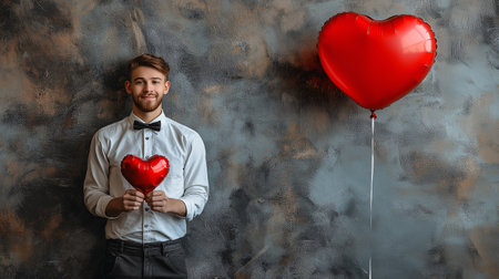 A man is holding two red hearts and a red balloon. Concept of love and affectionの素材