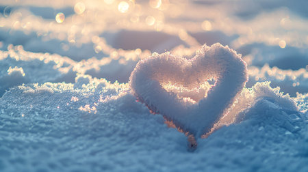 A heart made of snow is on the ground. Concept of love and warmth, despite the cold and snowy environmentの素材