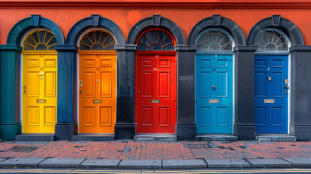 A row of colourful doors with a brick sidewalk in the background. The doors are of different colours, including yellow, red, and blueの素材