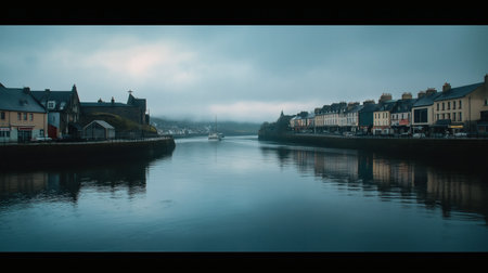 A serene river scene captured in cool, moody light with calm water reflecting the buildings lining the banks. The misty sky and quiet water create a peaceful and contemplative atmosphere, emphasizing the beauty of the landscape and tranquil surroundings.の素材