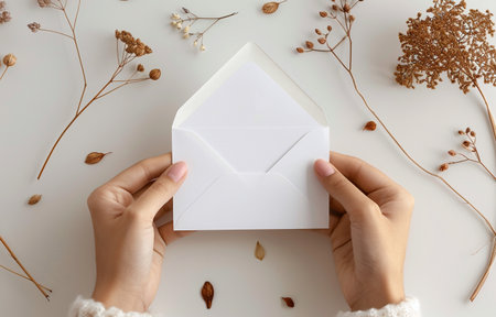 A person holding an open white envelope with a flowery background. The envelope is white and has a floral design on itの素材