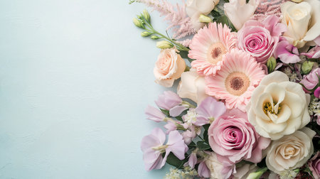 A bouquet of flowers with a blue background. The flowers are pink and white. The flowers are arranged in a way that they are not overlapping each otherの素材