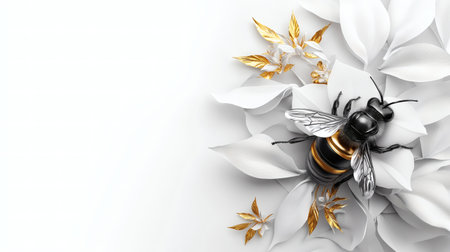 A striking image of a bumblebee perched on white flowers, with golden accents adding elegance to the composition. The contrast of the dark bee and delicate white petals creates a beautiful, peaceful moment in nature.の素材