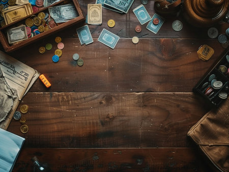 A wooden table with a pile of coins and a box of playing cardsの素材