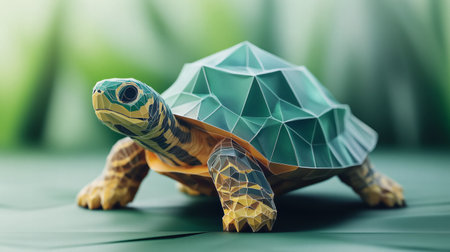 A modern, geometric turtle sculpture featuring angular shapes and a vibrant green shell, set against a soft green background.の素材