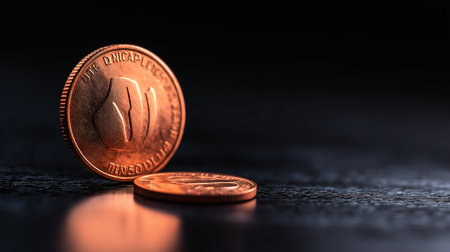 A close-up image showing copper coins resting on a dark, textured surface, with one coin slightly tilted, reflecting light for a beautiful contrastの素材