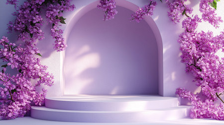 A white archway with purple flowers and vines. The archway is open and has a white pedestal in the middle. The archway is surrounded by purple flowers and vines, creating a sereneの素材